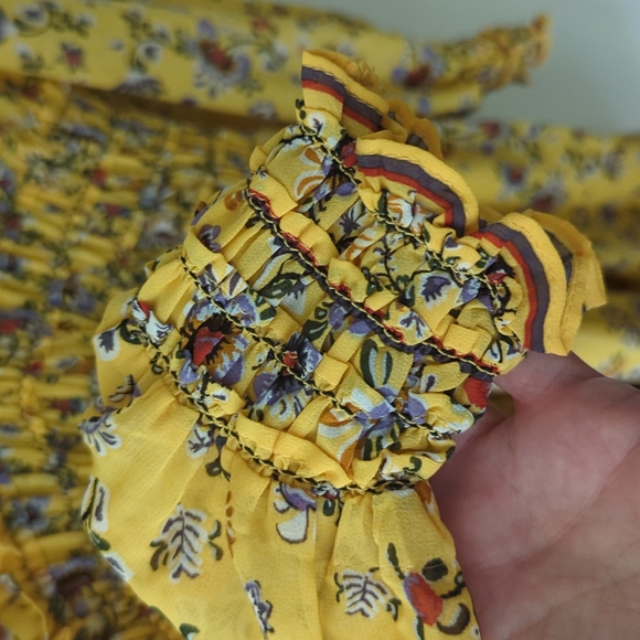 MAX STUDIO I V-Neck Long Sleeve Smocked Yellow Floral Flutter Mini Dress, S - Picture 10 of 13